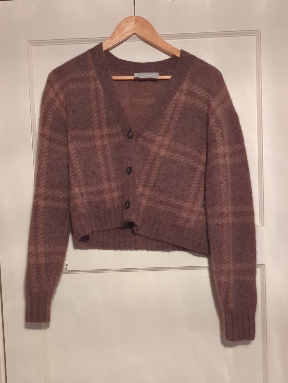 Everlane Alpaca Brown Plaid Cropped Button-Front Cardigan -Fits Like A Medium
